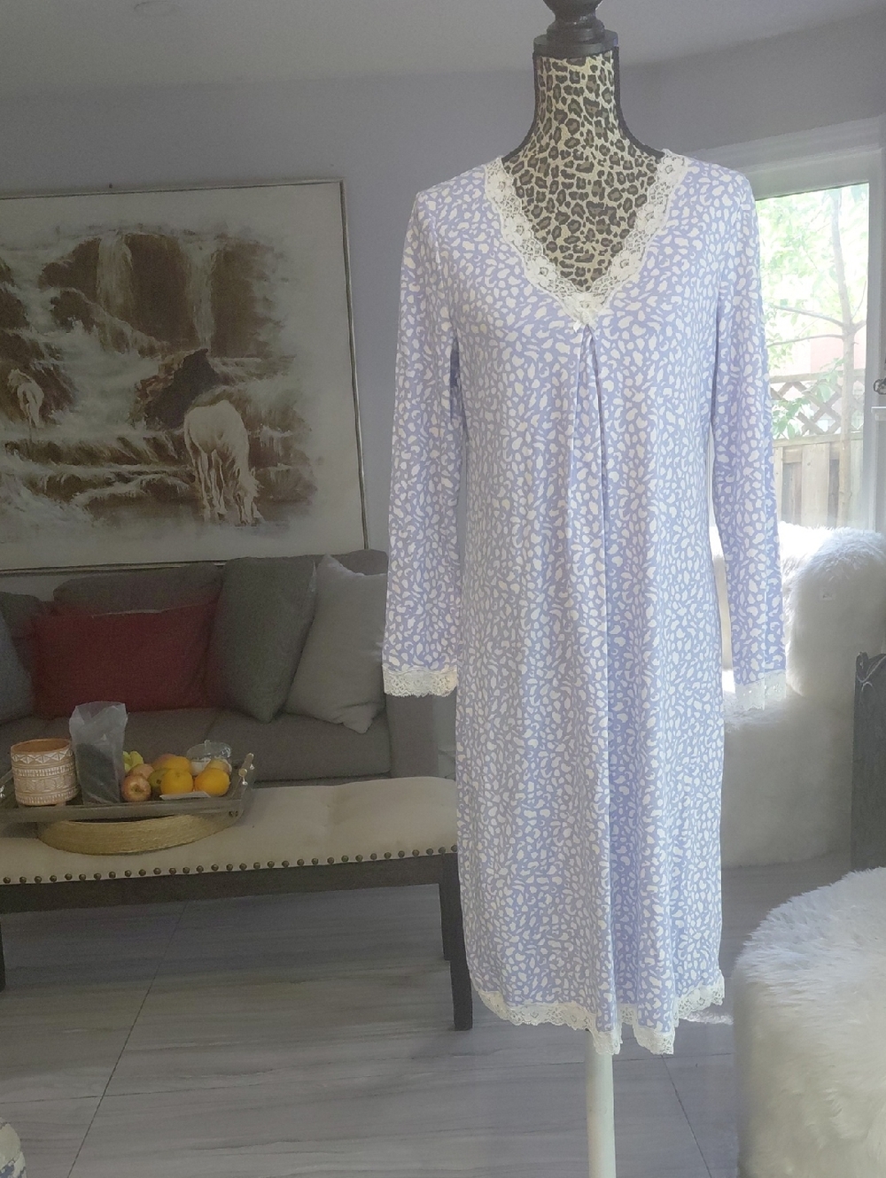 100% Cotton Lavender Lace-Trim Long Sleeve Nightgown